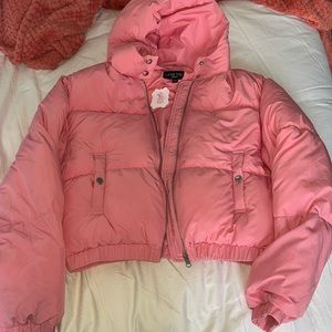 Sassy shortcake cropped pink puffer jacket